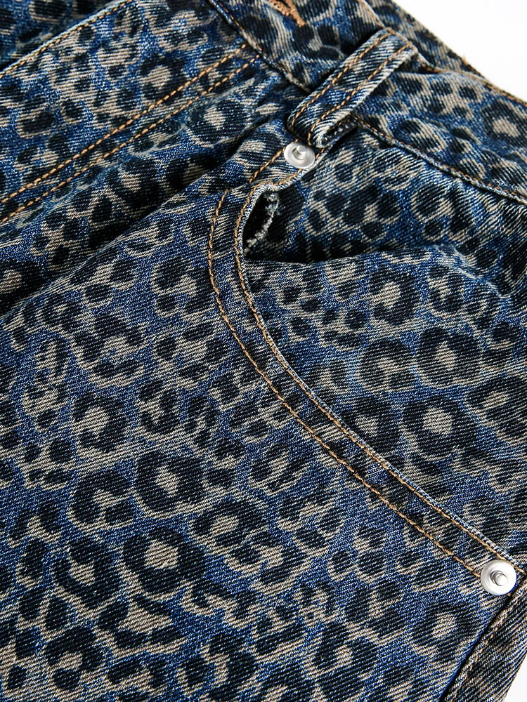 Women’s Blue Leopard Print Wide Leg Jeans
