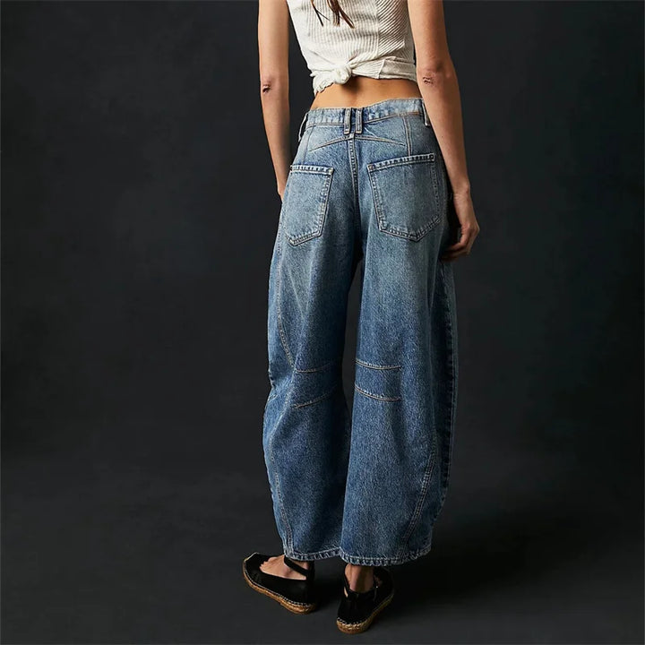 Women’s Vintage Mid-Waist Denim Jeans – Knee Splice Straight Fit