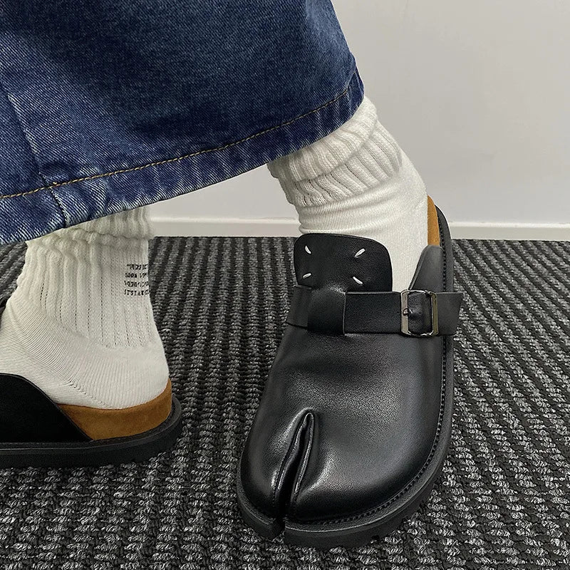 Men's Cow Leather Tabi Split-Toe Slip-On Mules with Arch Support