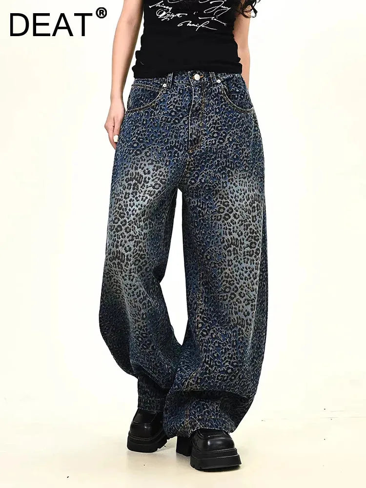 Women’s Blue Leopard Print Wide Leg Jeans