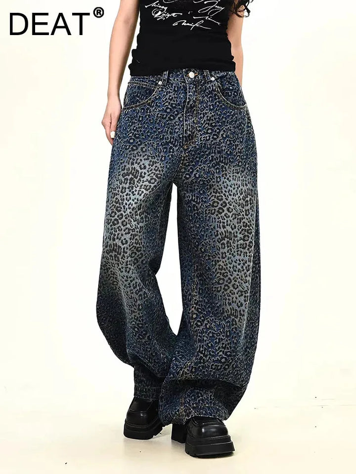 Women’s Blue Leopard Print Wide Leg Jeans