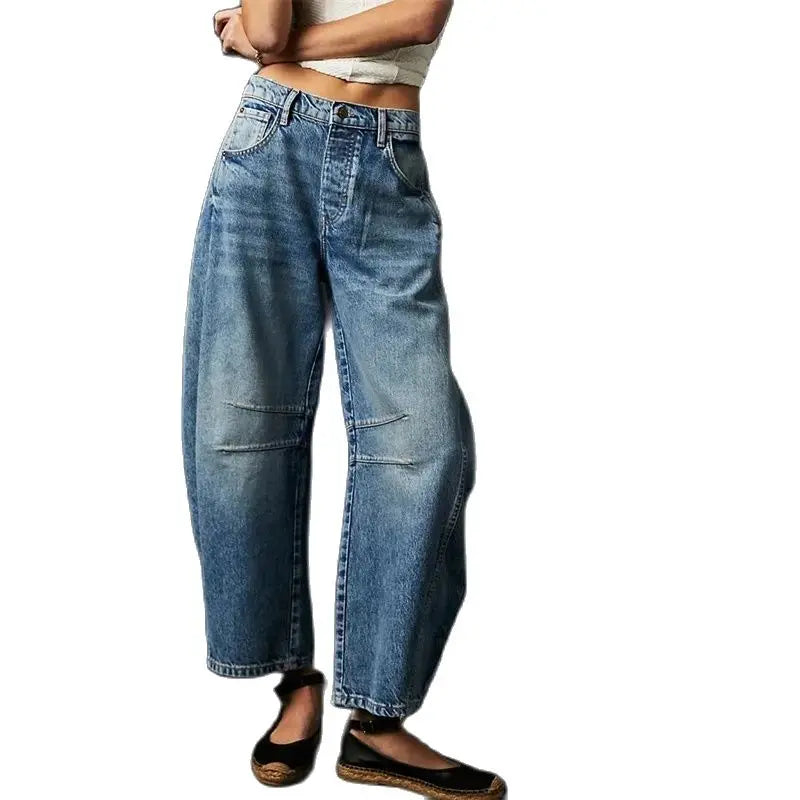 Women’s Vintage Mid-Waist Denim Jeans – Knee Splice Straight Fit