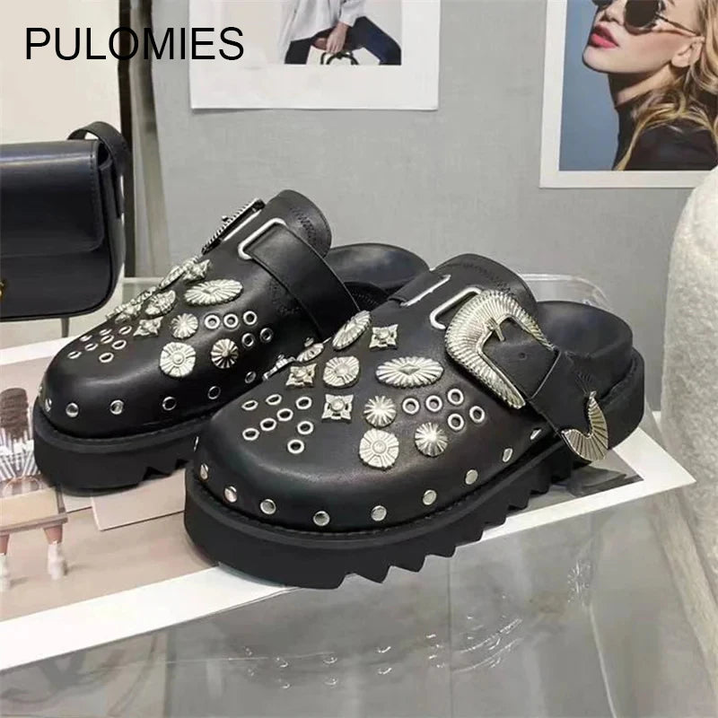 Women’s Punk Platform Leather Mules – Rivet Slip-On Slides