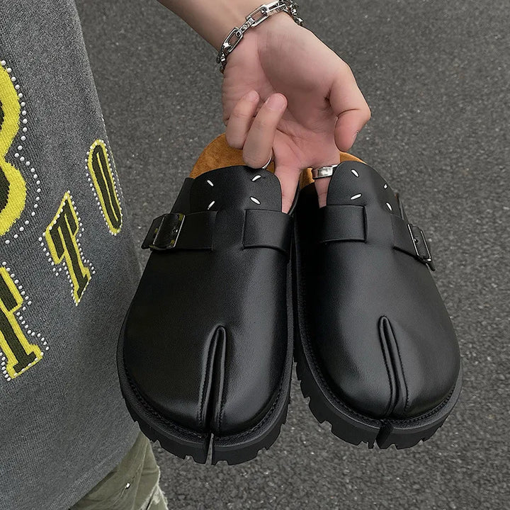 Men's Cow Leather Tabi Split-Toe Slip-On Mules with Arch Support