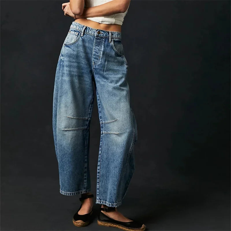Women’s Vintage Mid-Waist Denim Jeans – Knee Splice Straight Fit