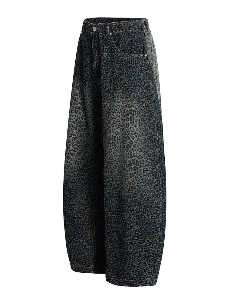 Women’s Blue Leopard Print Wide Leg Jeans