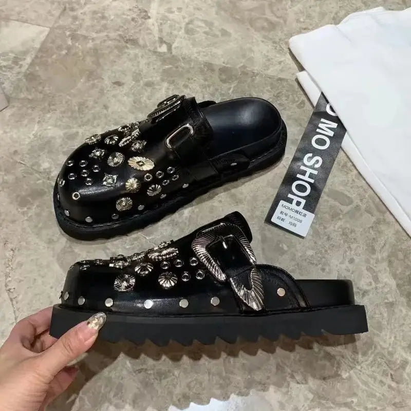 Women’s Punk Platform Leather Mules – Rivet Slip-On Slides