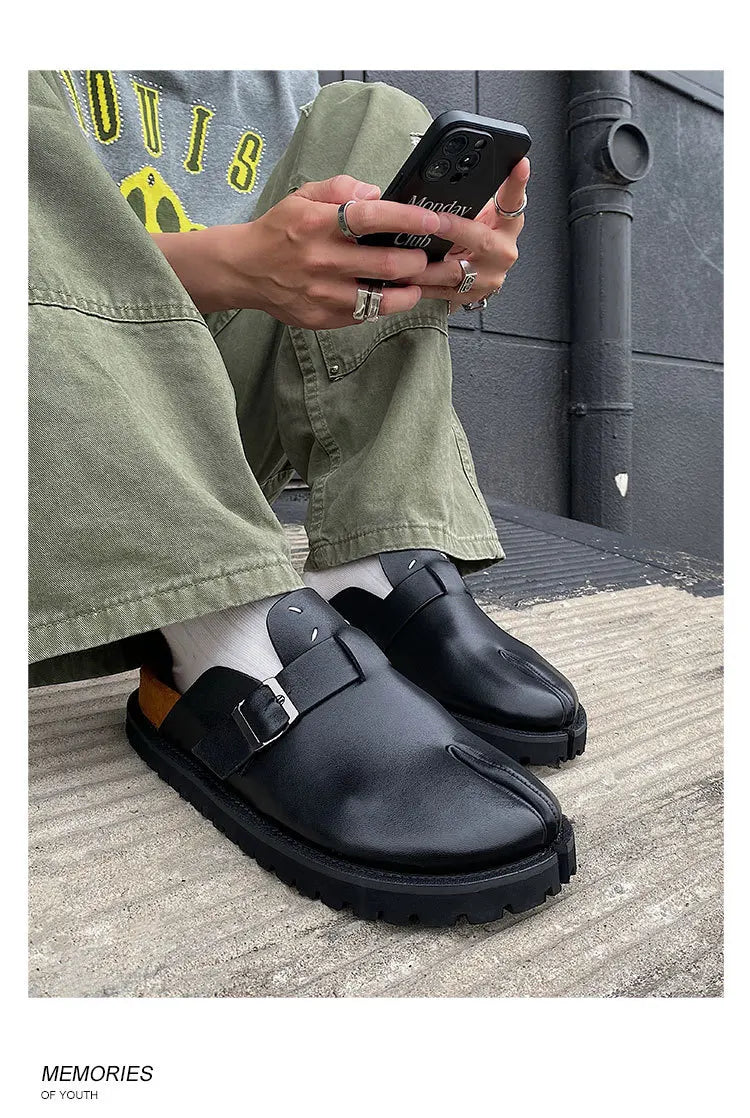 Men's Cow Leather Tabi Split-Toe Slip-On Mules with Arch Support