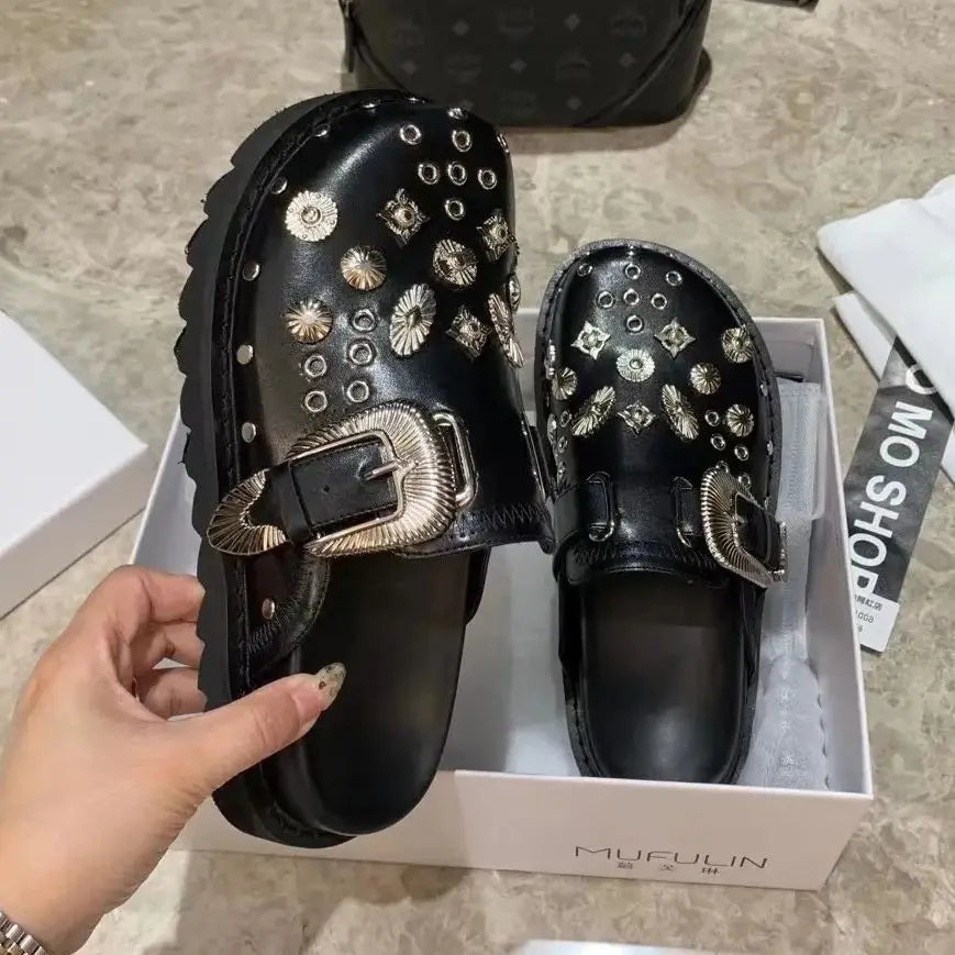 Women’s Punk Platform Leather Mules – Rivet Slip-On Slides
