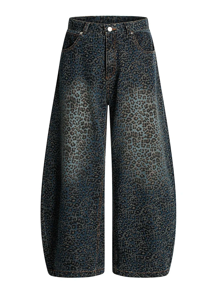 Women’s Blue Leopard Print Wide Leg Jeans