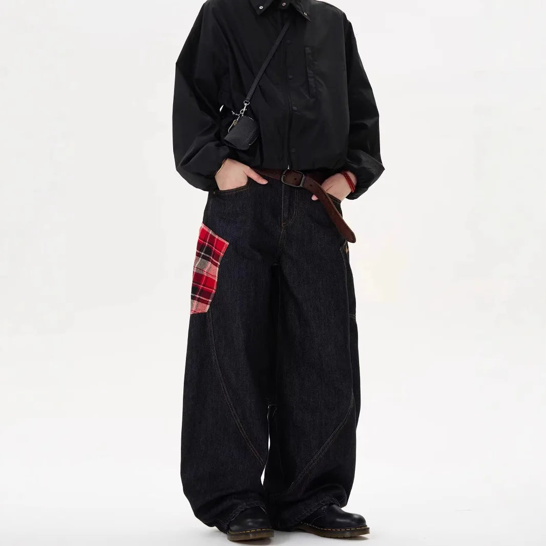 Y2K Scottish Plaid Spliced Baggy Wide-Leg Jeans – Streetwear 2024