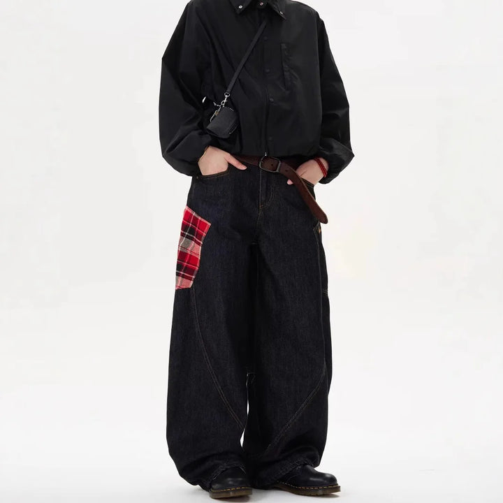 Y2K Scottish Plaid Spliced Baggy Wide-Leg Jeans – Streetwear 2024