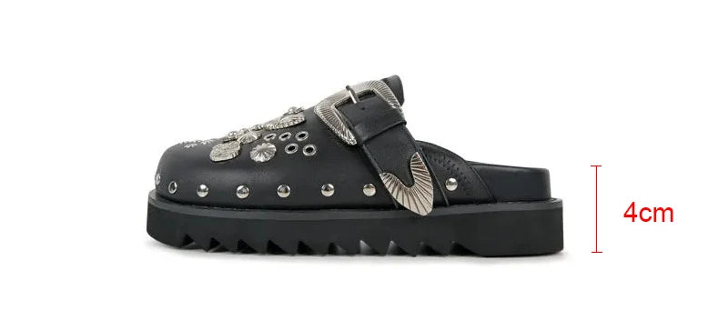 Women’s Punk Platform Leather Mules – Rivet Slip-On Slides