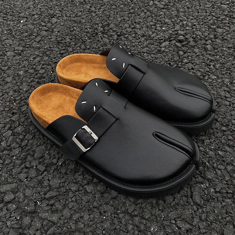 Men's Cow Leather Tabi Split-Toe Slip-On Mules with Arch Support