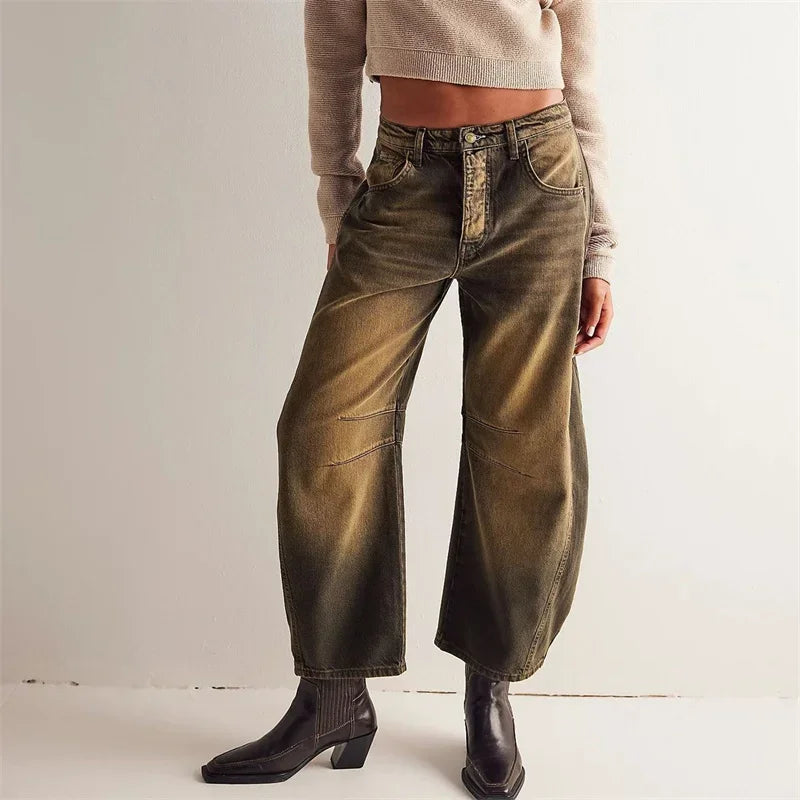 Women’s Vintage Mid-Waist Denim Jeans – Knee Splice Straight Fit