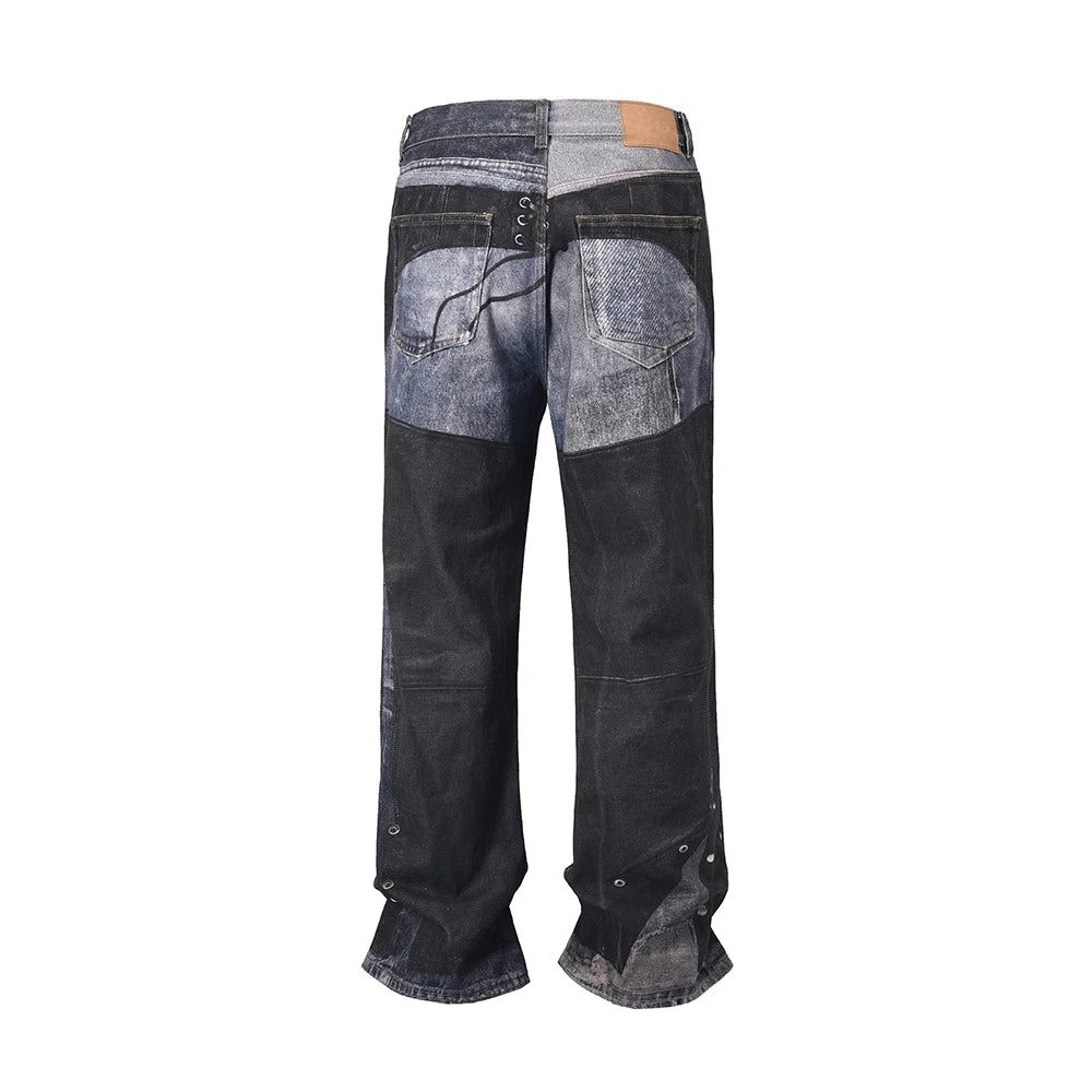 Unisex PU Leather Patchwork Baggy Jeans – High Street Oversized Denim