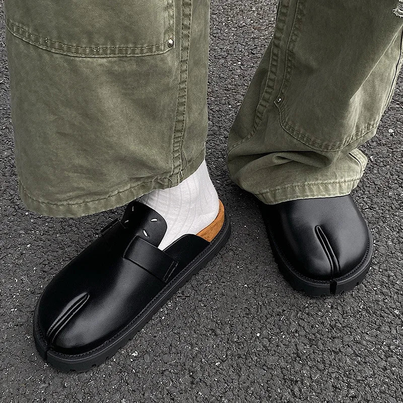 Men's Cow Leather Tabi Split-Toe Slip-On Mules with Arch Support