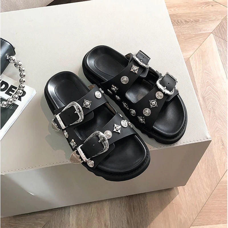 Women’s Punk Platform Leather Mules – Rivet Slip-On Slides