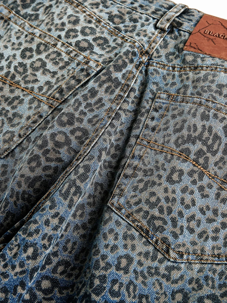 Women’s Blue Leopard Print Wide Leg Jeans