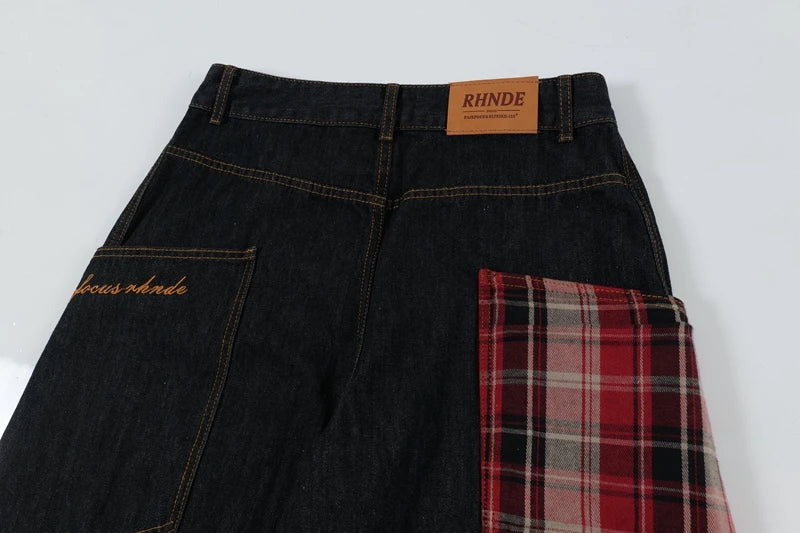 Y2K Scottish Plaid Spliced Baggy Wide-Leg Jeans – Streetwear 2024