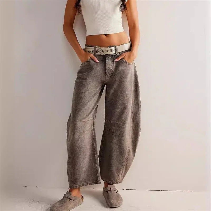 Women’s Vintage Mid-Waist Denim Jeans – Knee Splice Straight Fit