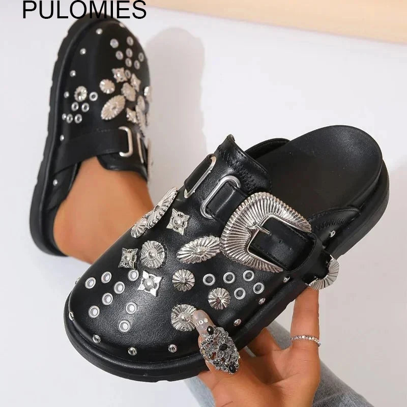 Women’s Punk Platform Leather Mules – Rivet Slip-On Slides
