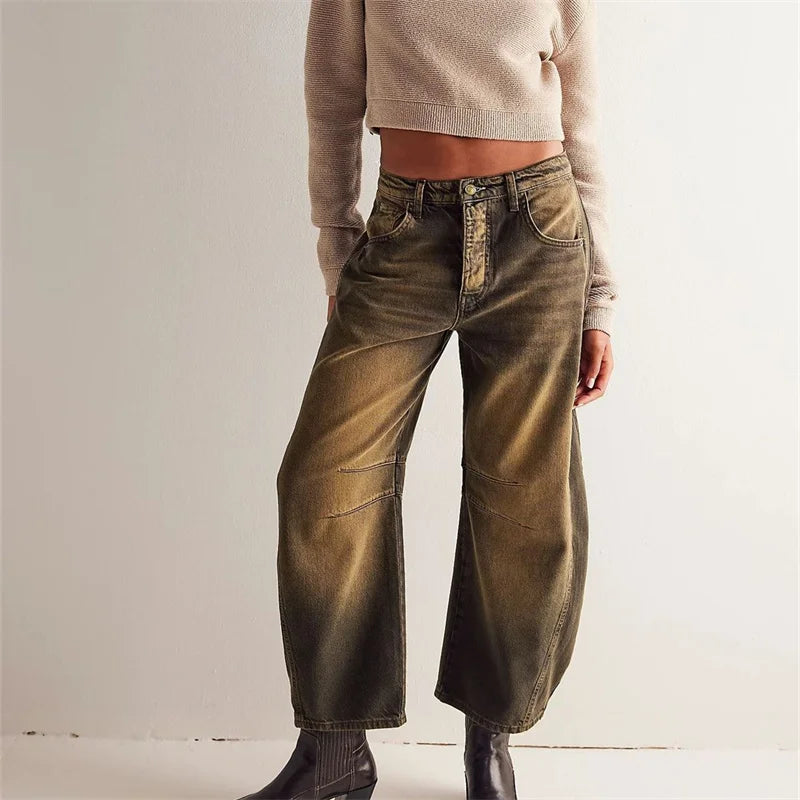 Women’s Vintage Mid-Waist Denim Jeans – Knee Splice Straight Fit