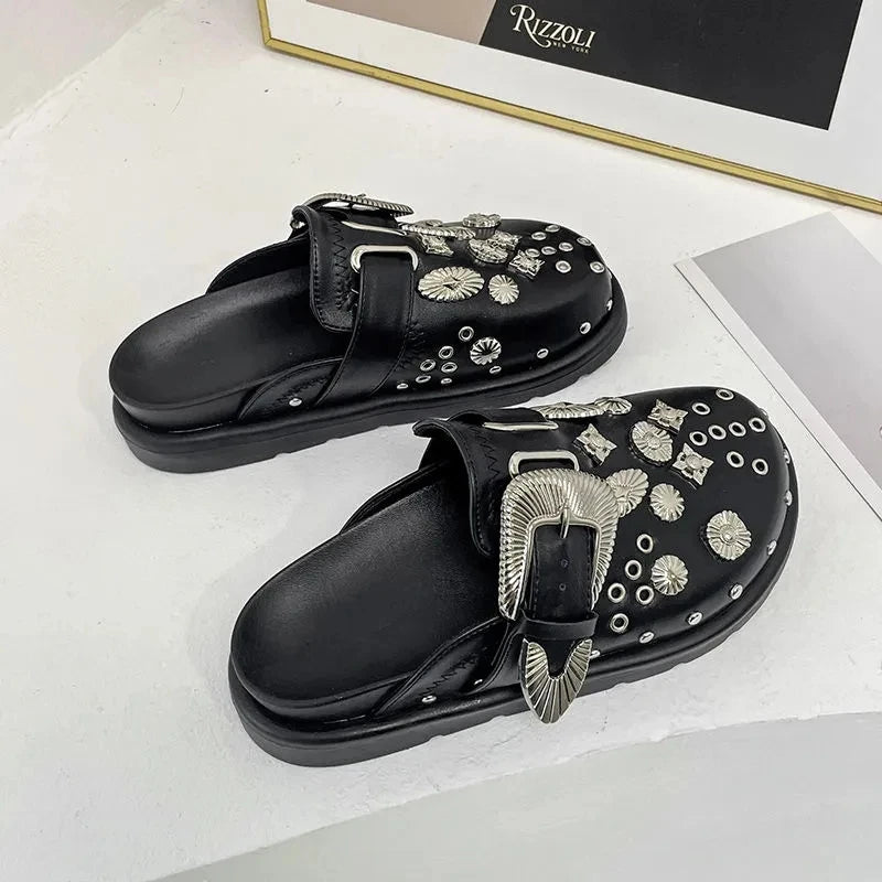 Women’s Punk Platform Leather Mules – Rivet Slip-On Slides