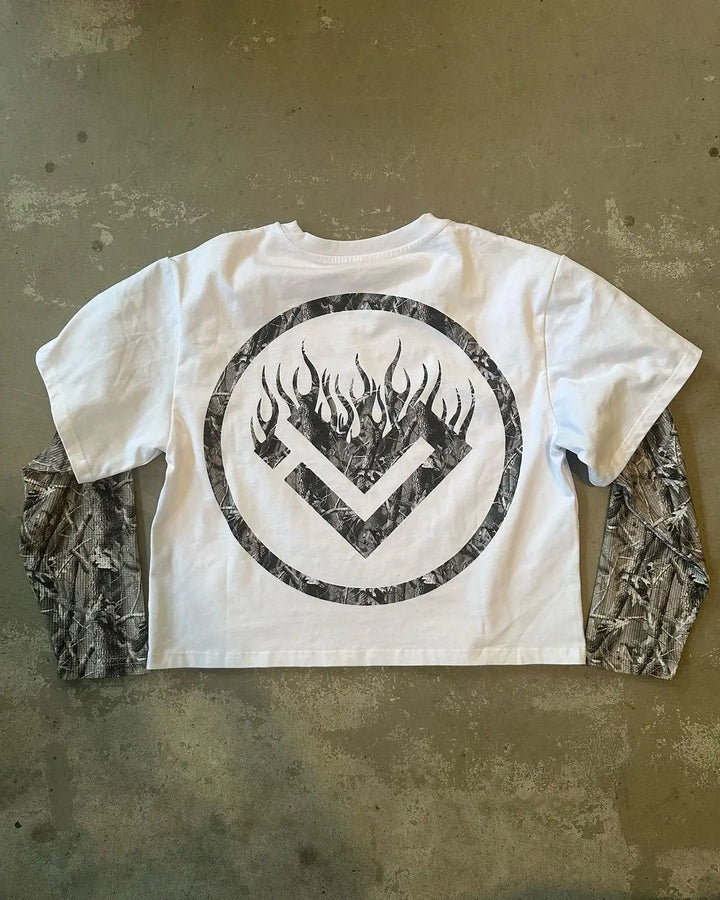 Y2k Street Fashion Camouflage Splicing Shirt Women's T-shirt Men's American Casual Printed Long-sleeved Retro Harajuku Loose Top