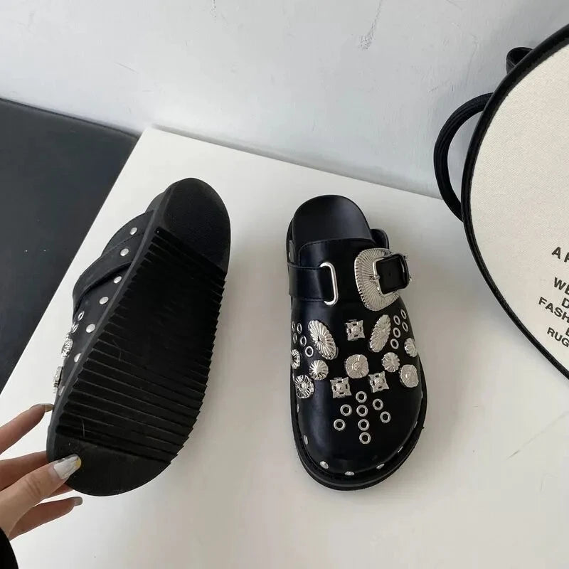 Women’s Punk Platform Leather Mules – Rivet Slip-On Slides