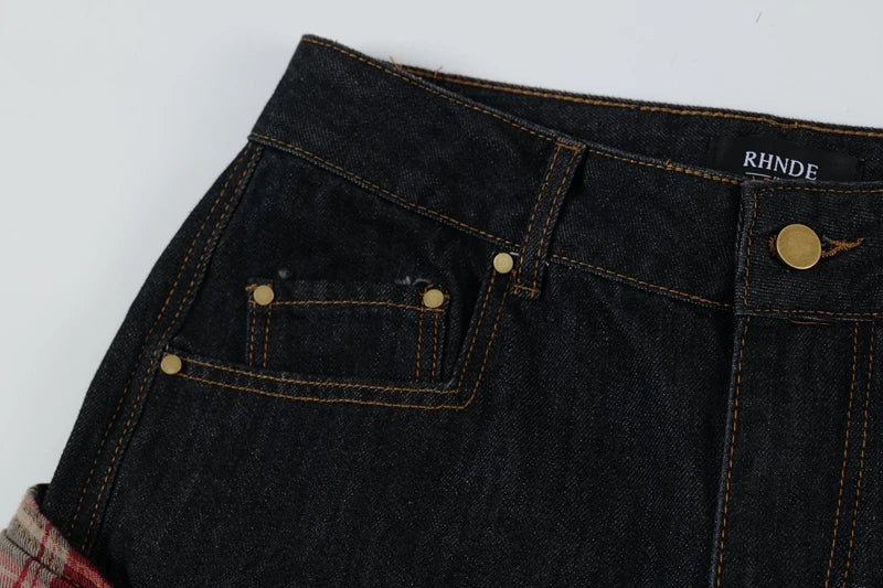 Y2K Scottish Plaid Spliced Baggy Wide-Leg Jeans – Streetwear 2024