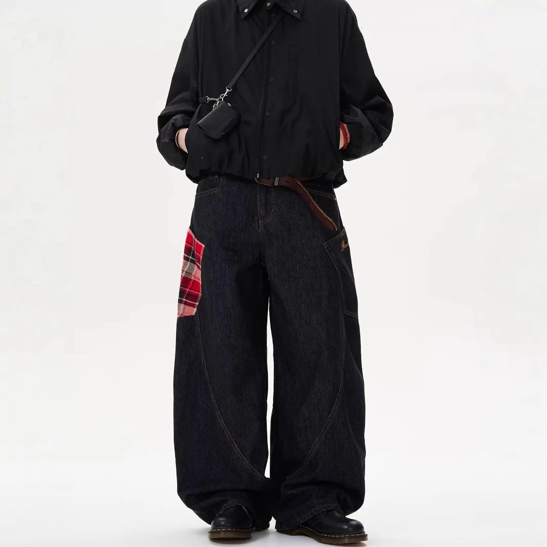 Y2K Scottish Plaid Spliced Baggy Wide-Leg Jeans – Streetwear 2024