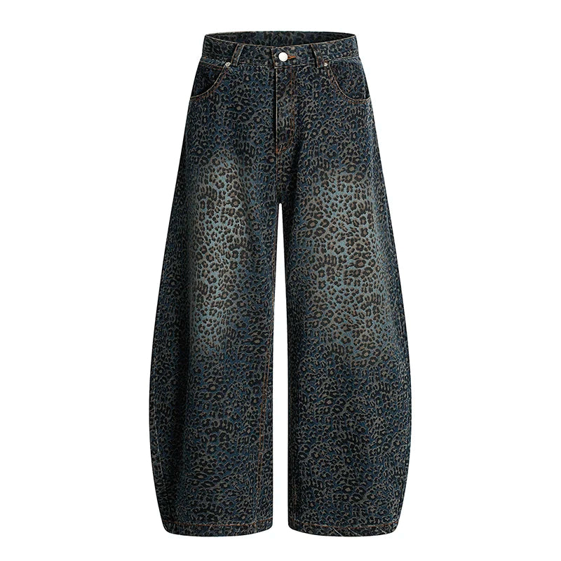 Women’s Blue Leopard Print Wide Leg Jeans