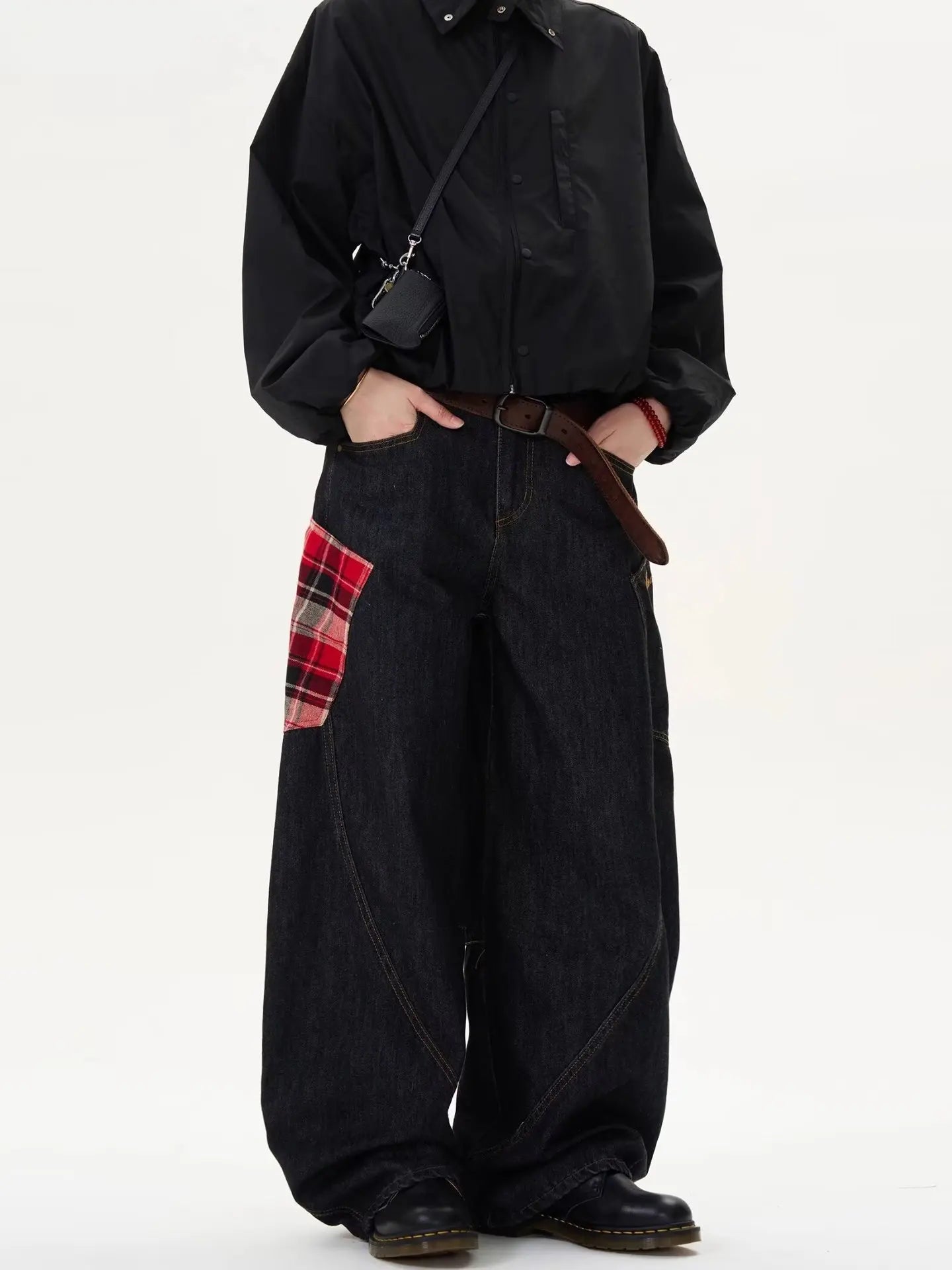 Y2K Scottish Plaid Spliced Baggy Wide-Leg Jeans – Streetwear 2024