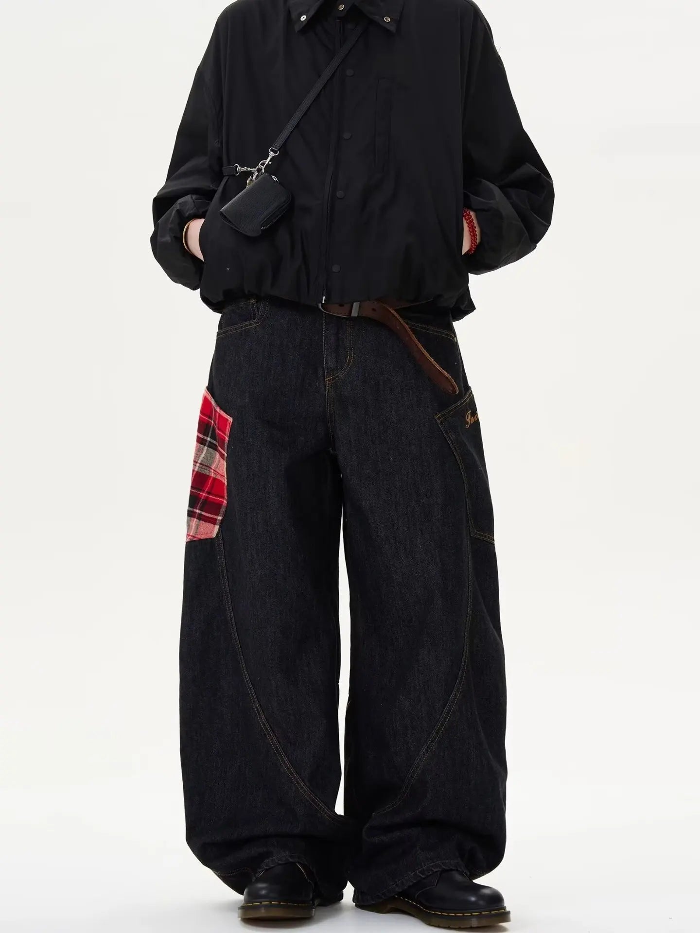 Y2K Scottish Plaid Spliced Baggy Wide-Leg Jeans – Streetwear 2024