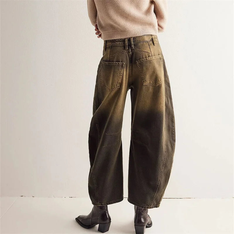 Women’s Vintage Mid-Waist Denim Jeans – Knee Splice Straight Fit