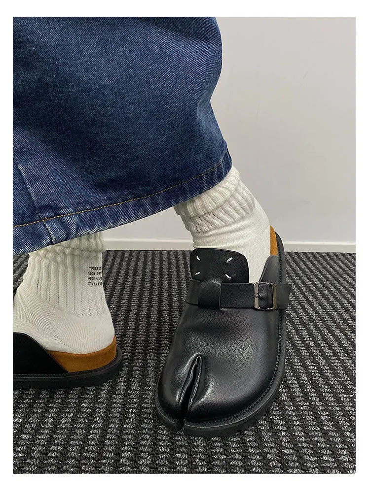 Men's Cow Leather Tabi Split-Toe Slip-On Mules with Arch Support