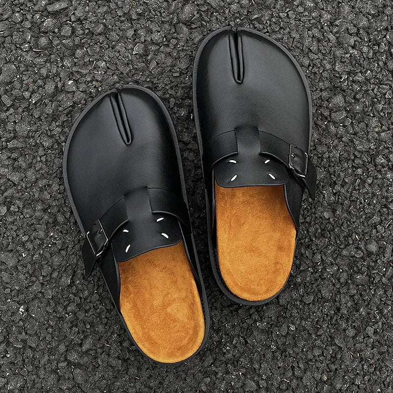 Men's Cow Leather Tabi Split-Toe Slip-On Mules with Arch Support
