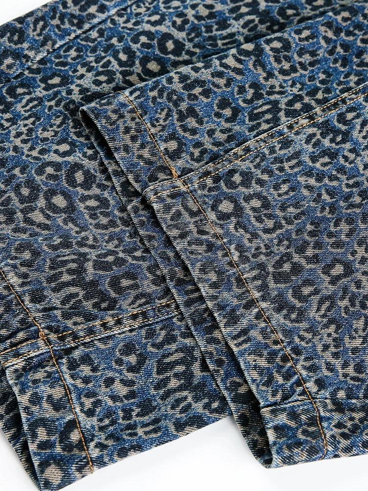 Women’s Blue Leopard Print Wide Leg Jeans