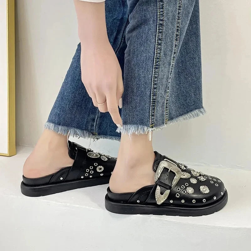 Women’s Punk Platform Leather Mules – Rivet Slip-On Slides