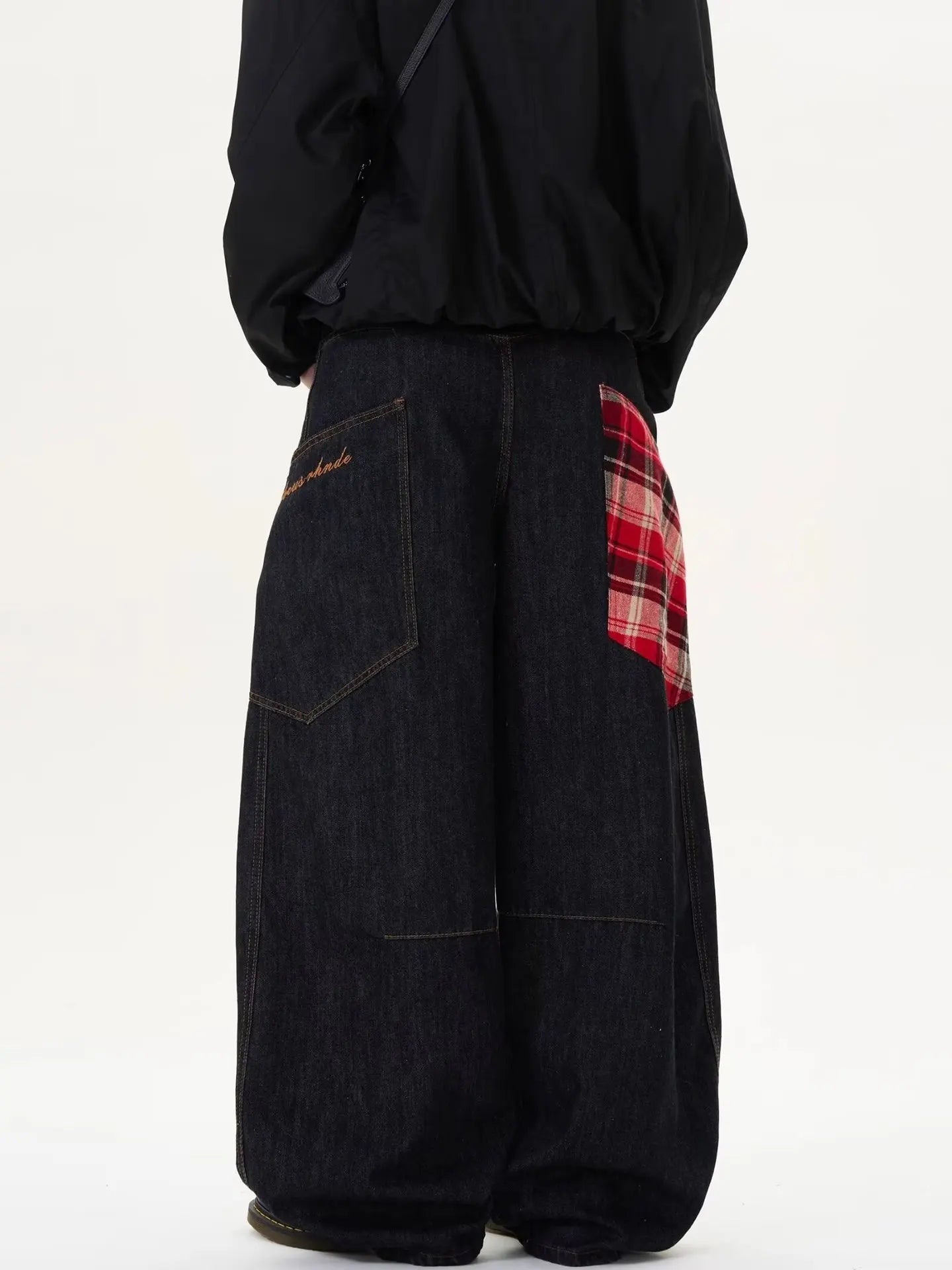 Y2K Scottish Plaid Spliced Baggy Wide-Leg Jeans – Streetwear 2024