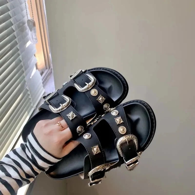 Women’s Punk Platform Leather Mules – Rivet Slip-On Slides