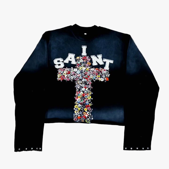 Unisex Oversized Black Gothic Cross Long Sleeve Tee