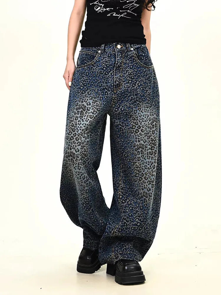 Women’s Blue Leopard Print Wide Leg Jeans