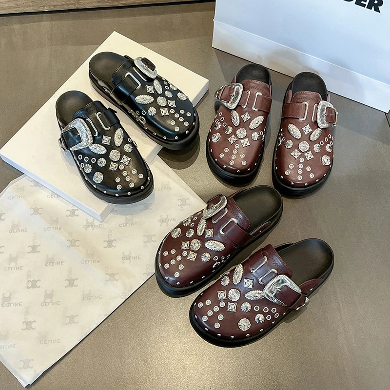 Women’s Punk Platform Leather Mules – Rivet Slip-On Slides