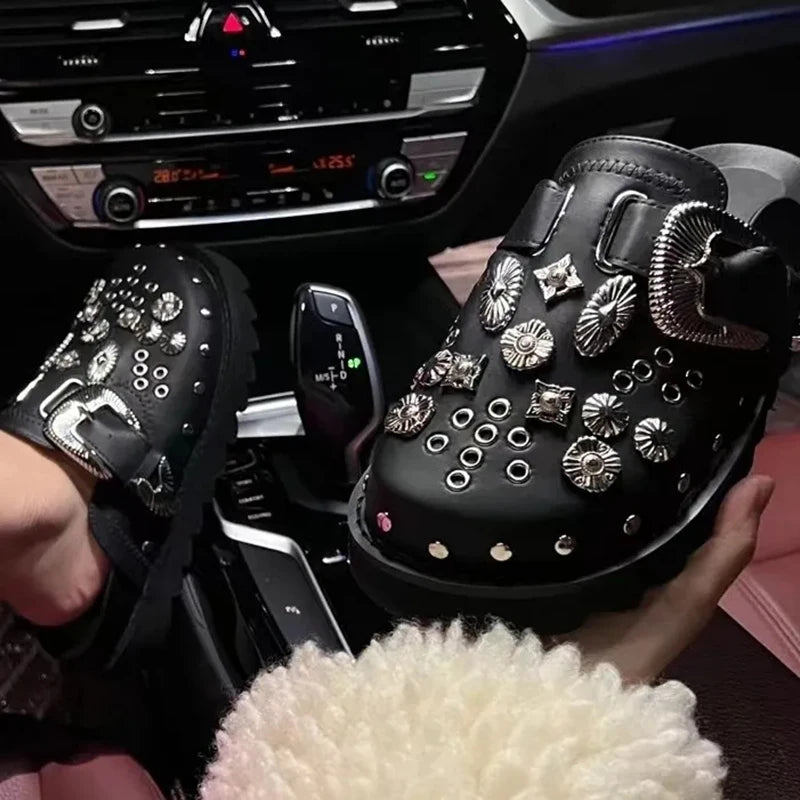 Women’s Punk Platform Leather Mules – Rivet Slip-On Slides