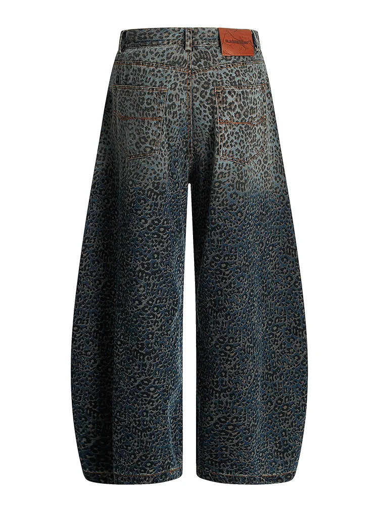 Women’s Blue Leopard Print Wide Leg Jeans