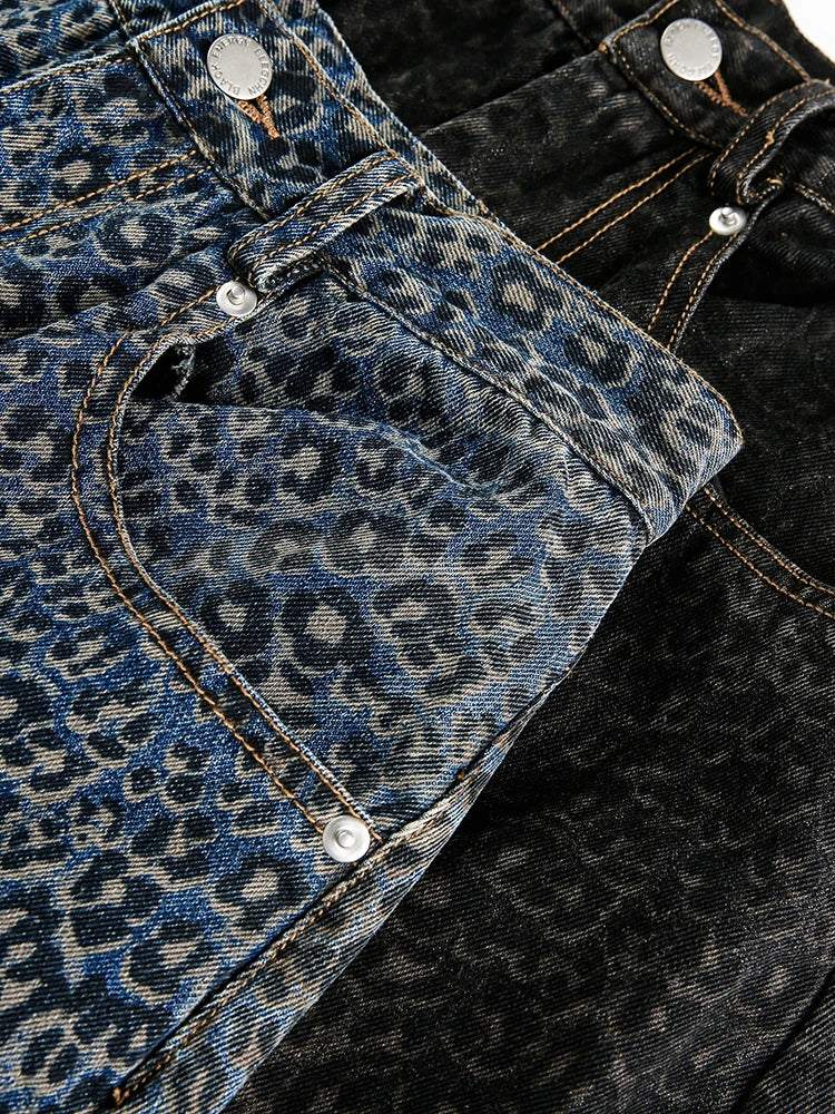 Women’s Blue Leopard Print Wide Leg Jeans