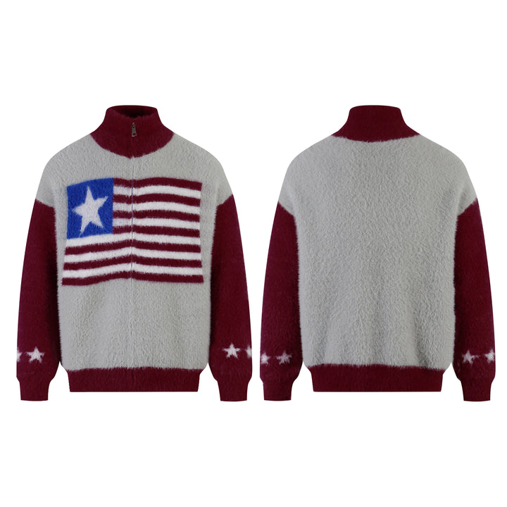Omirad Flag Pattern Fuzzy Half-Zip Sweater