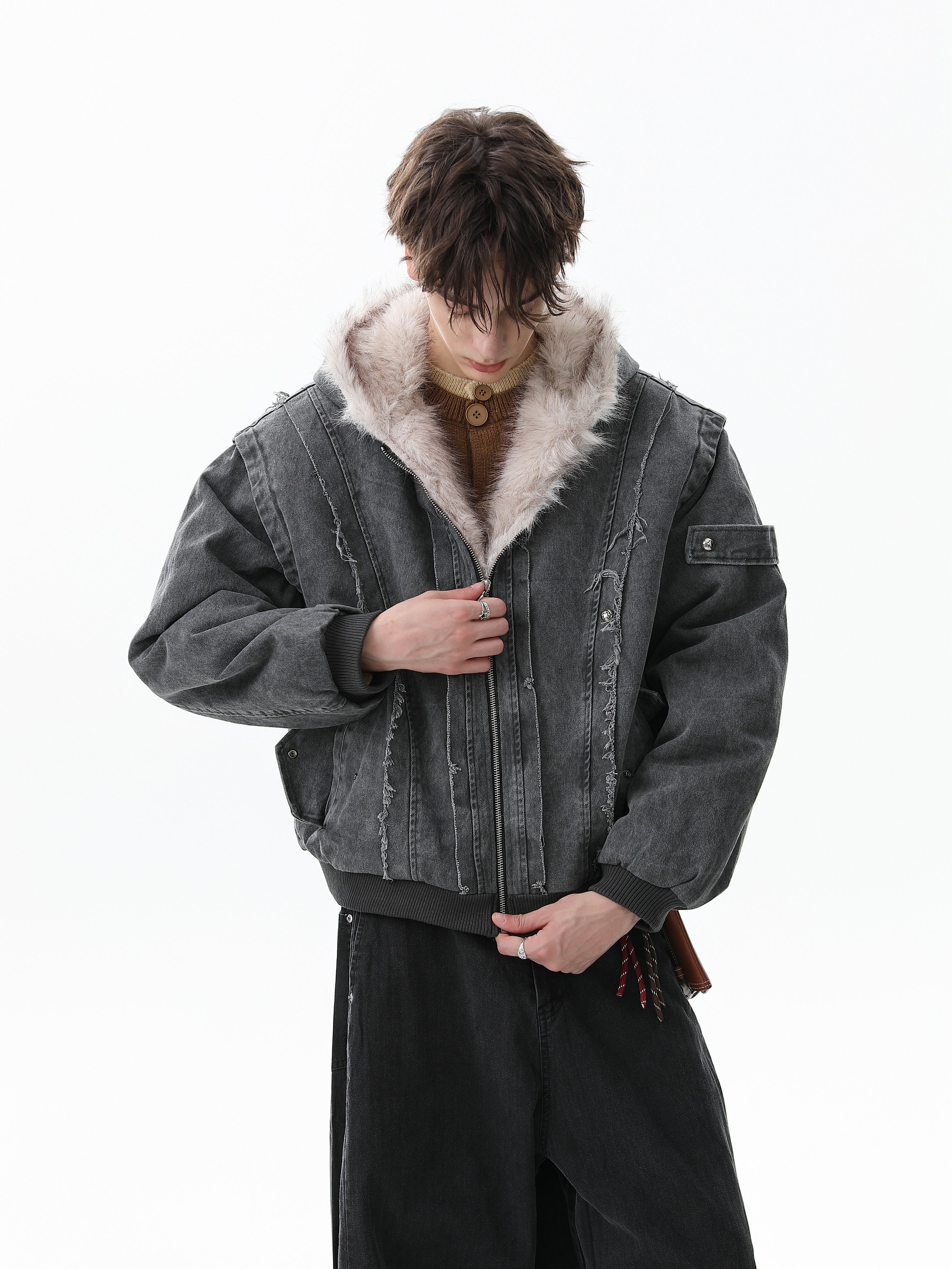 Omirad Washed Shearling-Lined Denim Hooded Jacket